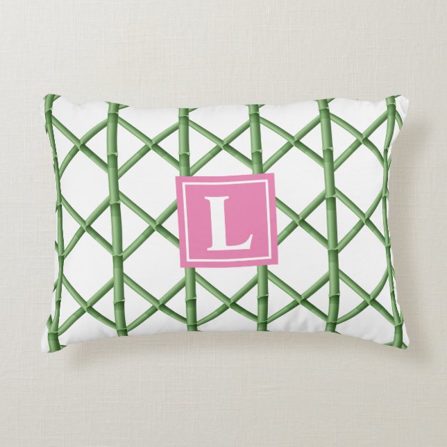 Preppy Green Trellis Bamboo Muster Monogram Dekokissen (Vorderseite)