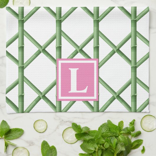 Preppy Green Trellis Bamboo Muster Monogram Geschirrtuch (Gefaltet)