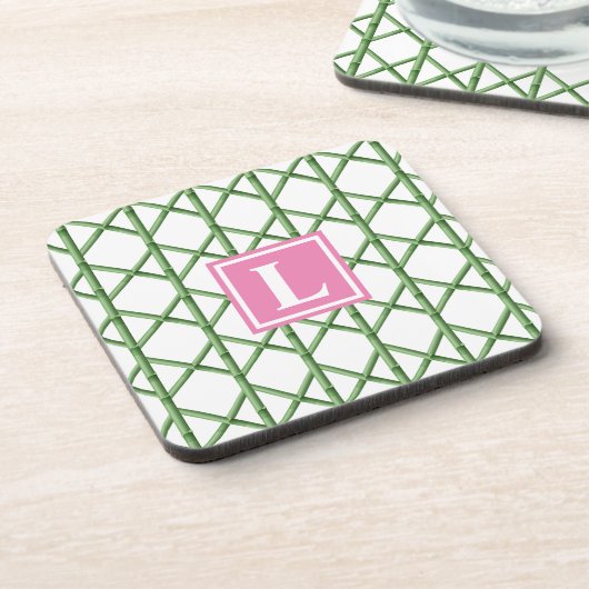 Preppy Green Trellis Bamboo Muster Monogram Getränkeuntersetzer (Linke Seite)