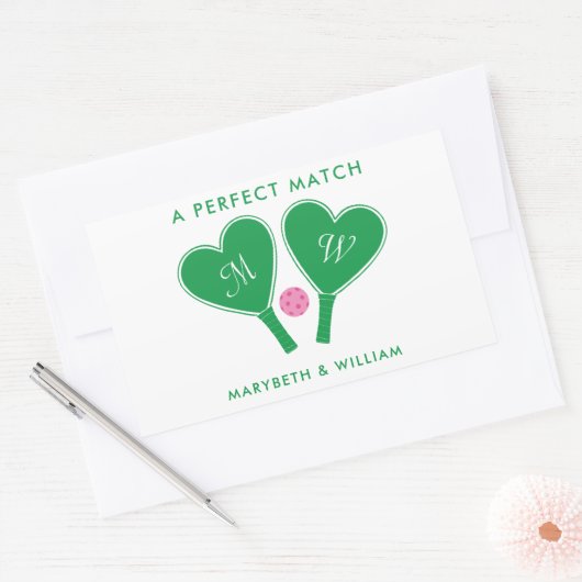 Preppy Green und Pink Wedding Pickleball Rechteckiger Aufkleber (Umschlag)