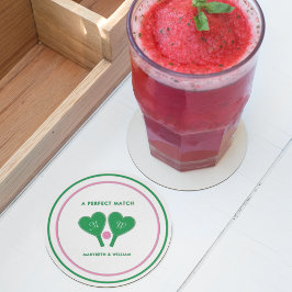 Preppy Green und Pink Wedding Pickleball Runder Pappuntersetzer