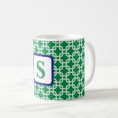 Preppy Green White Link Pattern Navy Monogram Kaffeetasse (VorderseiteRechts)