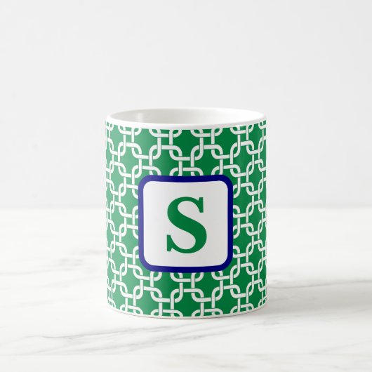 Preppy Green White Link Pattern Navy Monogram Kaffeetasse (Mittel)