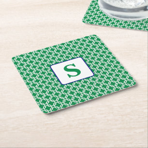 Preppy Green White Link Pattern Navy Monogram Rechteckiger Pappuntersetzer