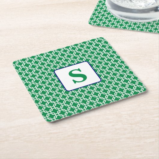 Preppy Green White Link Pattern Navy Monogram Rechteckiger Pappuntersetzer (angewinkelt)