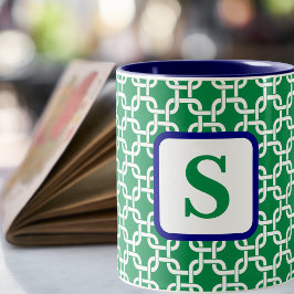 Preppy Green White Link Pattern Navy Monogram Zweifarbige Tasse