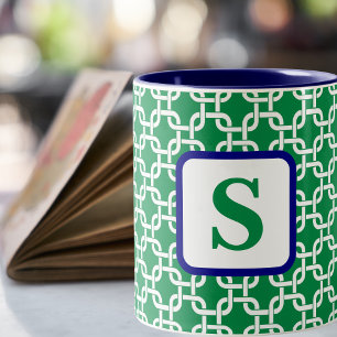 Preppy Green White Link Pattern Navy Monogram Zweifarbige Tasse