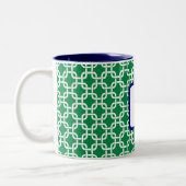 Preppy Green White Link Pattern Navy Monogram Zweifarbige Tasse (Links)