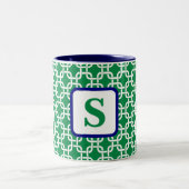 Preppy Green White Link Pattern Navy Monogram Zweifarbige Tasse (Mittel)