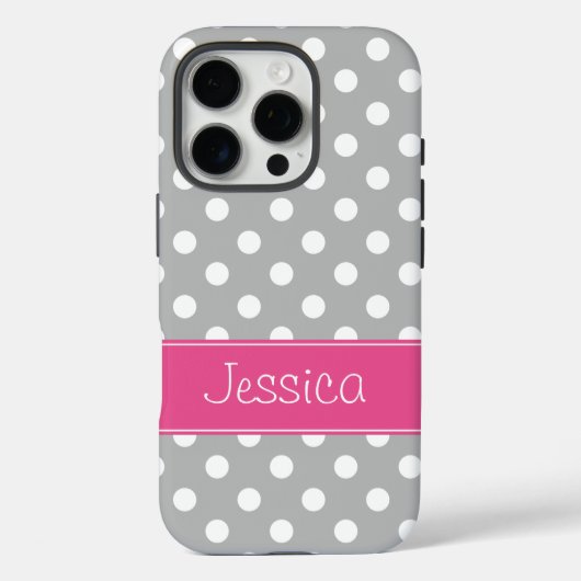 Preppy Grey and White Polka Dots Personalisiert Case-Mate iPhone Hülle (Rückseite)