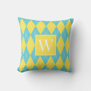 Preppy-Hand-Stickerei-Argyle – Gelb & Türkis Kissen