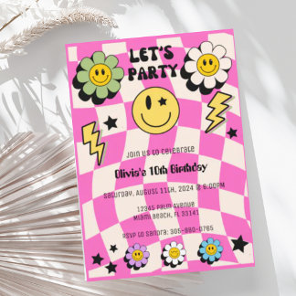 Preppy Hot Pink Retro Happy Face Party Geburtstag Einladung