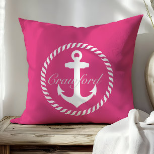 Preppy Hot Pink & Weißes Maritimes Anker Monogramm Kissen