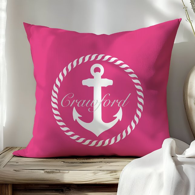 Preppy Hot Pink & White Nautic Anchor Monogram Kissen (Von Creator hochgeladen)