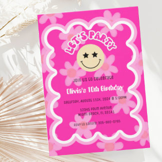 Preppy Hot Pink Y2K Happy Face Party Geburtstag Einladung