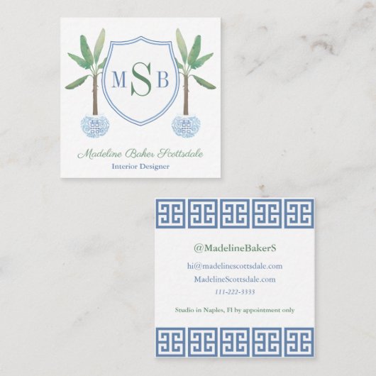 Preppy Interior Designer Monogram Banana Tree Quadratische Visitenkarte (Vorne/Hinten)