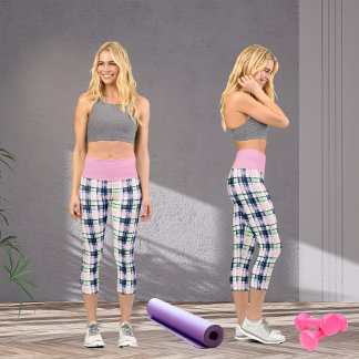 Preppy Kariert Navy Blue Pink Green Brushhub Capri Leggings
