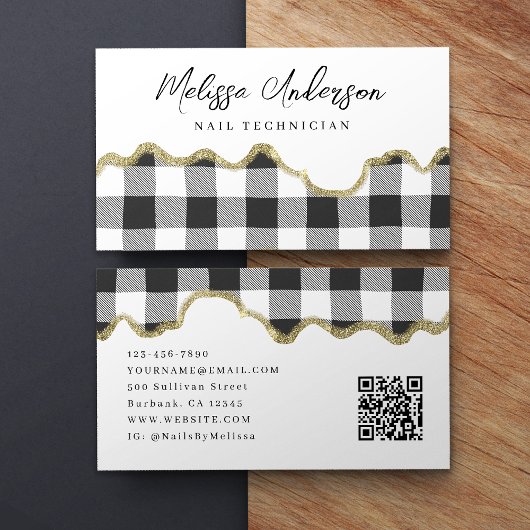 Preppy-Kariert-Schwarz-weiß-Gold-Glitzer-QR-Code Visitenkarte