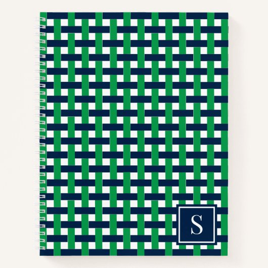 Preppy-Korbegeflecht – Navy & Grünes Monogramm Notizblock (Vorderseite)