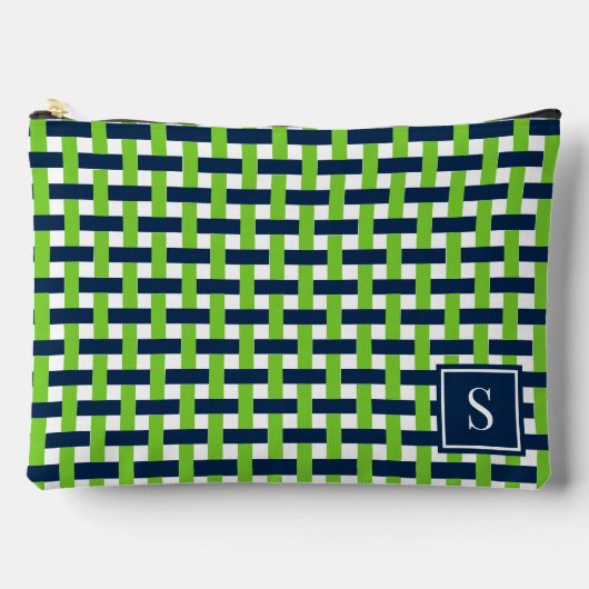Preppy-Korbegeflecht – Navy & Lime Monogramm Zubehörtasche (Vorderseite)