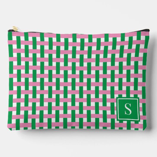 Preppy-Korbegeflecht – Rosa & Grünes Monogramm Zubehörtasche (Vorderseite)