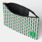 Preppy-Korbegeflecht – Rosa & Grünes Monogramm Zubehörtasche (Offen)