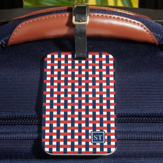 Preppy-Korbgeflecht - Navy & rotes Monogramm Gepäckanhänger (Vorderseite Insitu 2)