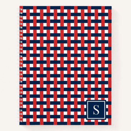 Preppy Korbgeflecht – Navy & rotes Monogramm Notizblock (Vorderseite)