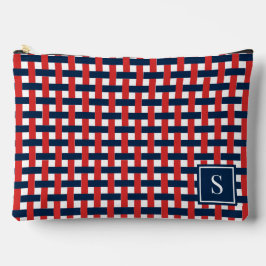 Preppy Korbgeflecht – Navy & rotes Monogramm Zubehörtasche