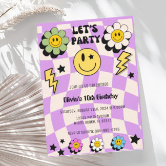 Preppy Lila Y2K Retro Happy Face Party Geburtstag Einladung