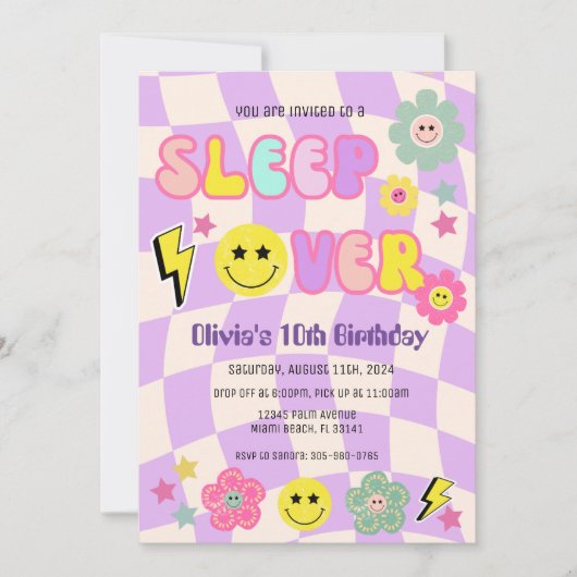 Preppy Lila Y2K Schlafen über glückliches Gesicht Einladung (Vorderseite)