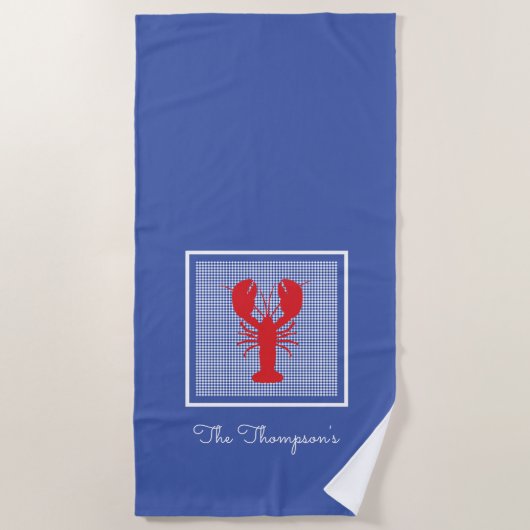 Preppy Lobster Blue White Gingham Familienname Strandtuch (Vorderseite)
