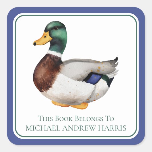 Preppy Mallard Duck Personalisiertes Buchzeichen Quadratischer Aufkleber (Vorderseite)
