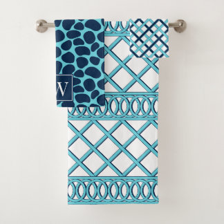 Preppy-Maximalist-Gitter - Aqua & Navy Monogramm Badhandtuch Set