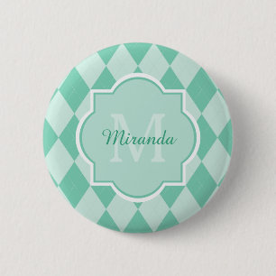 Preppy Minze Green Raute Girly Monogram und Name Button