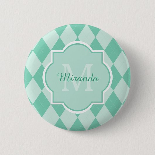 Preppy Minze Green Raute Girly Monogram und Name Button (Vorderseite)
