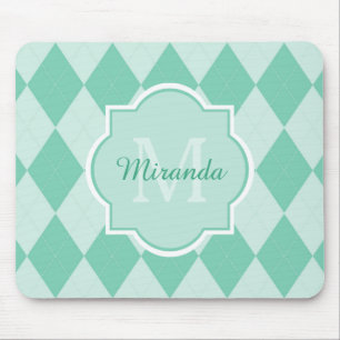 Preppy Minze Green Raute Girly Monogram und Name Mousepad