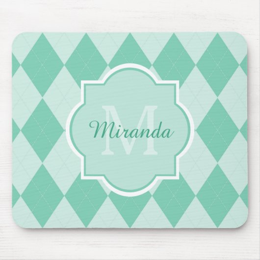 Preppy Minze Green Raute Girly Monogram und Name Mousepad (Vorne)