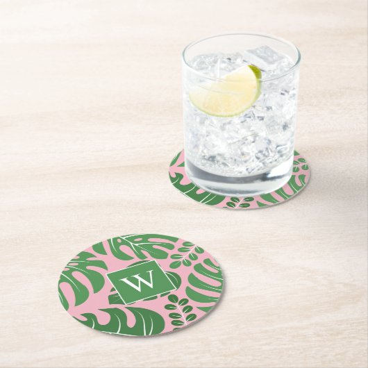 Preppy Mit Monogramm Monstera Palm Leaf Runder Pappuntersetzer (Vor Ort)