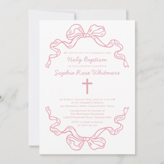 Preppy Modern Pink Gingham Bow Baptism Einladung (Vorderseite)