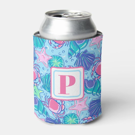 Preppy Monogram Beach Muschel Crab Coastal Dosenkühler (Kanne Vorderseite)