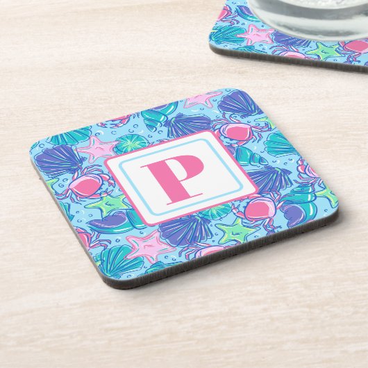 Preppy Monogram Beach Muschel Crab Getränkeuntersetzer (Linke Seite)