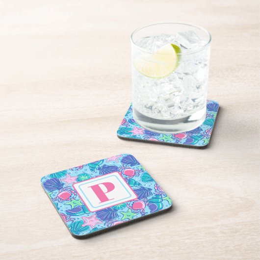 Preppy Monogram Beach Muschel Crab Getränkeuntersetzer (Rechte Seite)