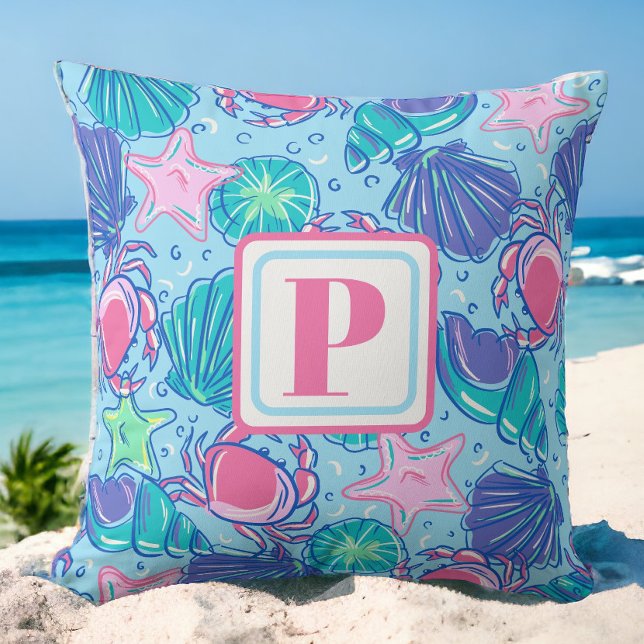 Preppy Monogram Beach Muschel Crab Kissen (Von Creator hochgeladen)