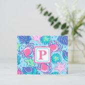 Preppy Monogram Beach Muschel Crab Postkarte (Stehend Vorderseite)