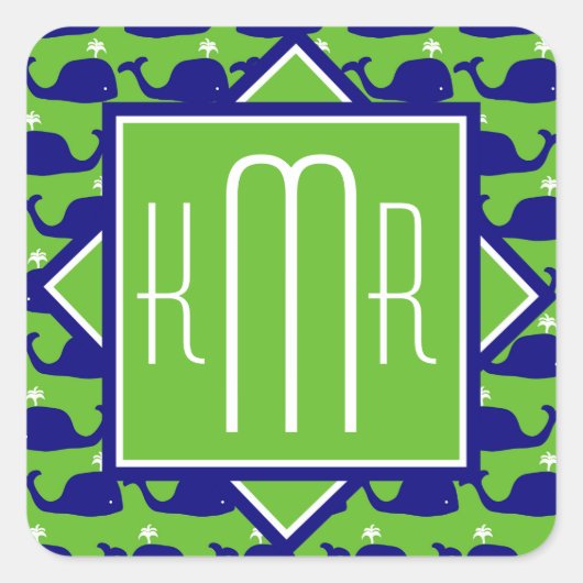 Preppy Monogram | Blaue und grüne Wale Quadratischer Aufkleber (Vorderseite)