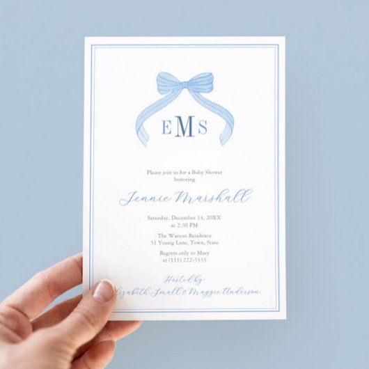 Preppy Monogram Blue Bow Boy Baby Shooting Party Einladung