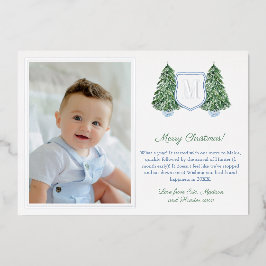 Preppy Monogram Blue Green Happy Holidays Silver Folien Feiertagskarte