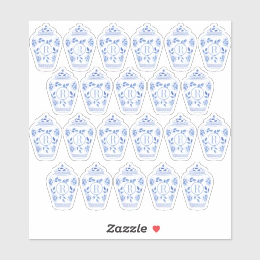 Preppy Monogram Blue und White Ginger Jar Aufkleber (Blatt)