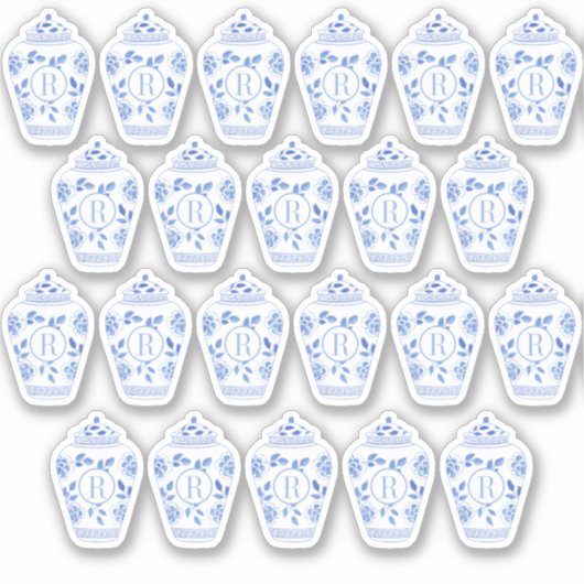 Preppy Monogram Blue und White Ginger Jar Aufkleber (Vorderseite)